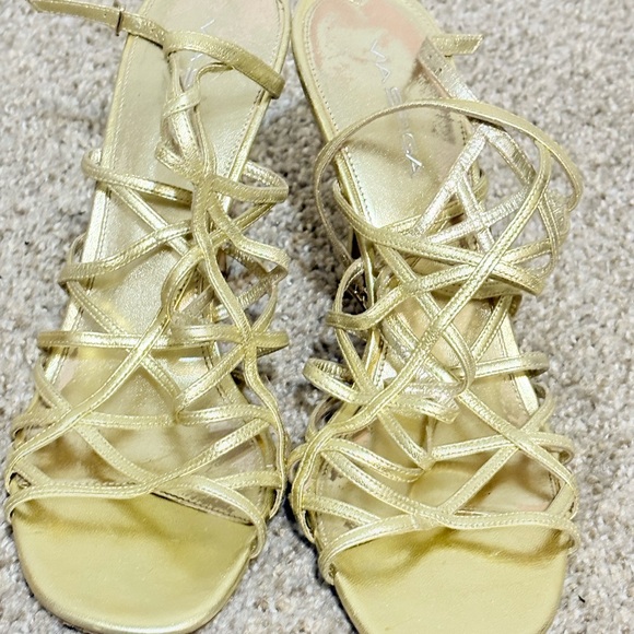 Gold High Heels with Strappy Design and Open Toe - Picture 1 of 8